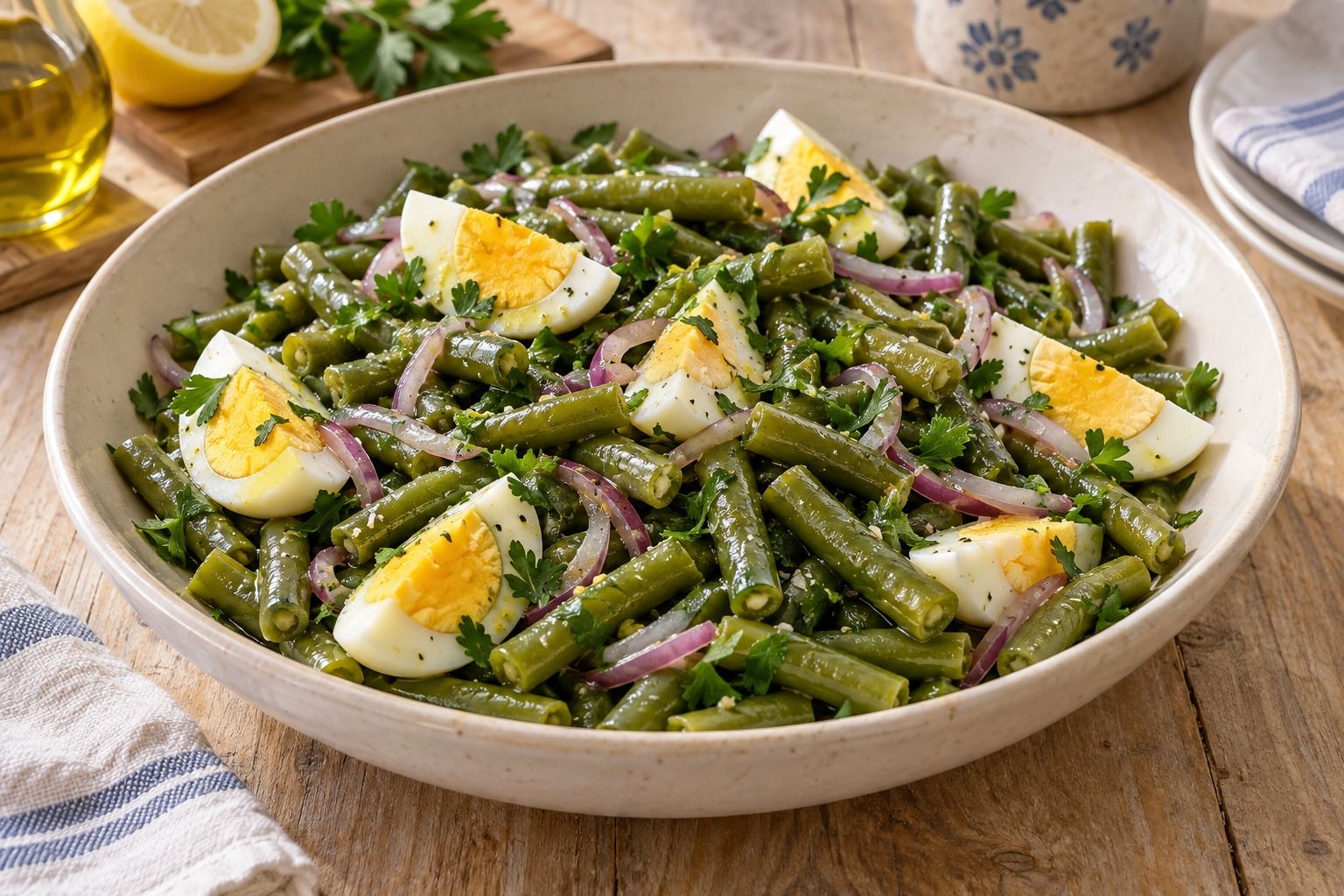 Salata od mahuna i jaja: kuhanje, omjeri i preljev