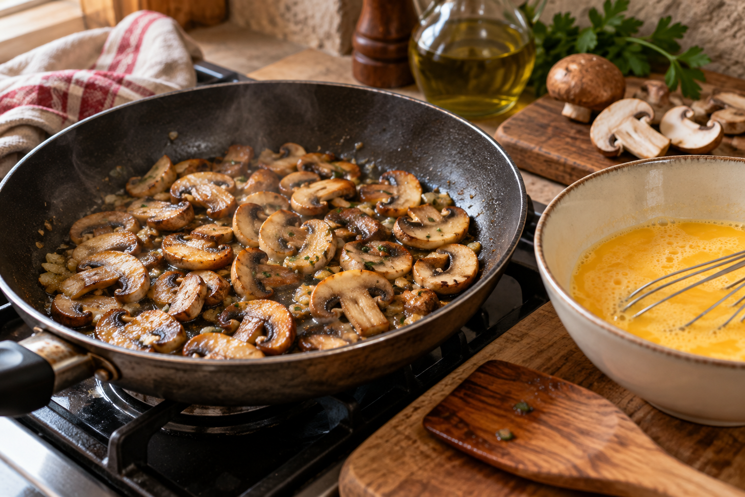 Pirjane gljive u tavi i zdjela s razmućenim jajima za fritaju