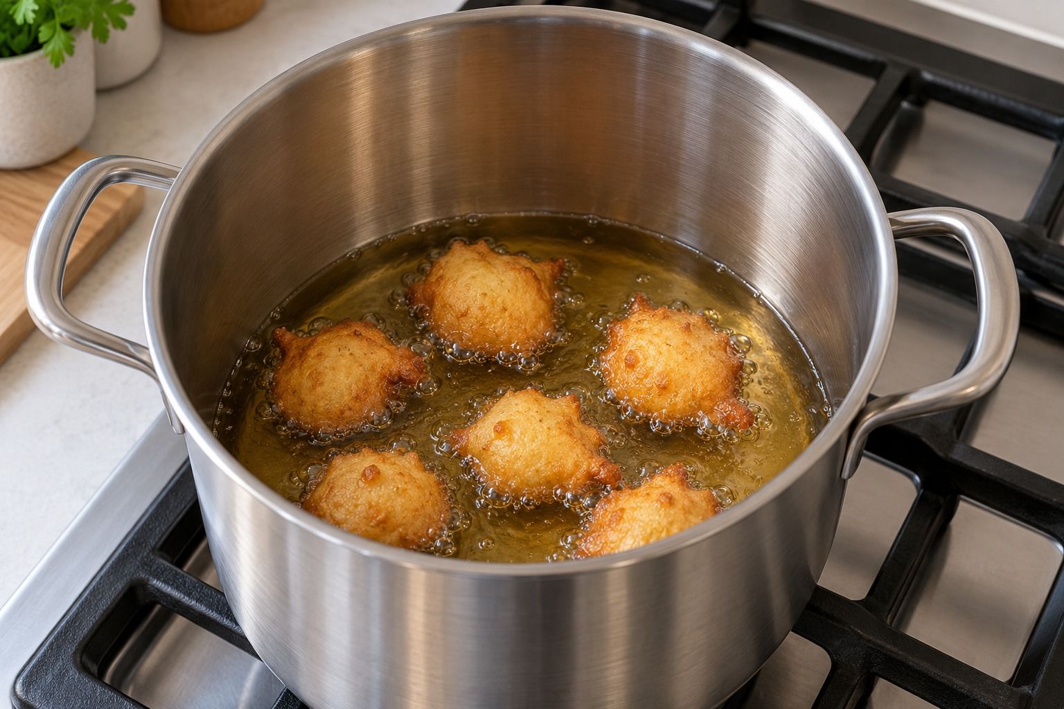 Mala tura fritula s jogurtom prži se u dubokom loncu uz prostor za okretanje